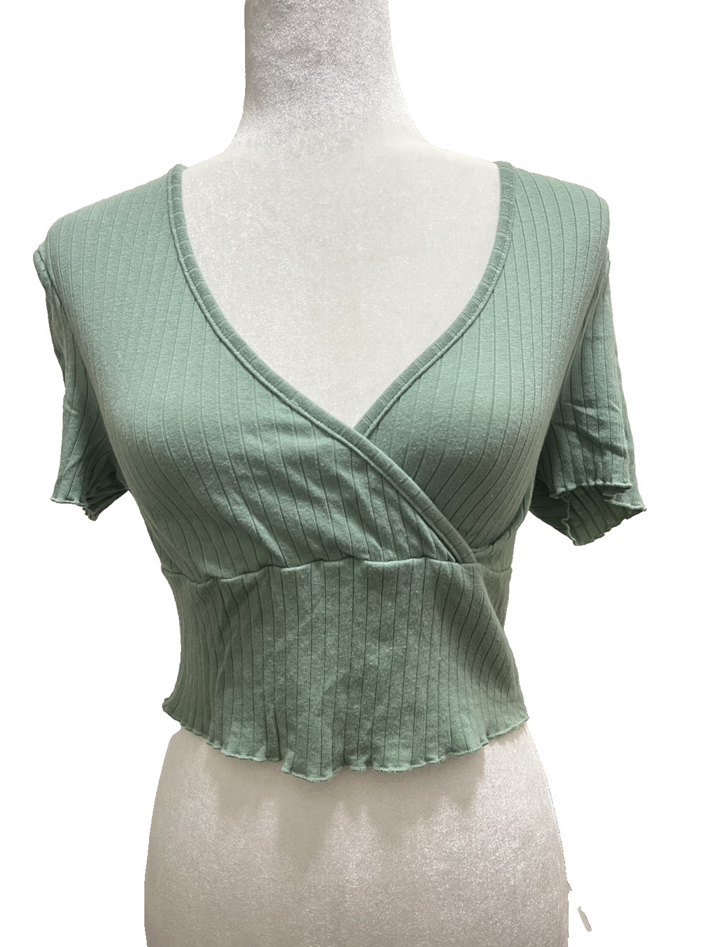 Womens Shein Size Large Cropped Wrap Green Ribbed Short Sleeve Preppy Clean Girl